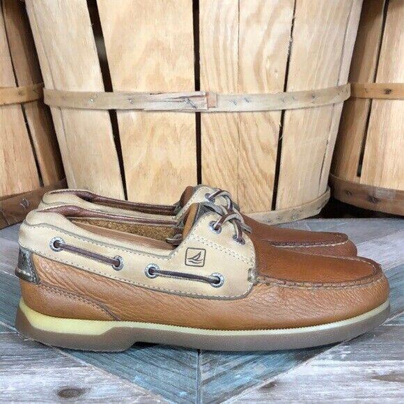 Sperry Mako 2-Eye Canoe Tan Cream Leather Lace-Up Boat Shoes Mens Size 7 - Picture 1 of 10